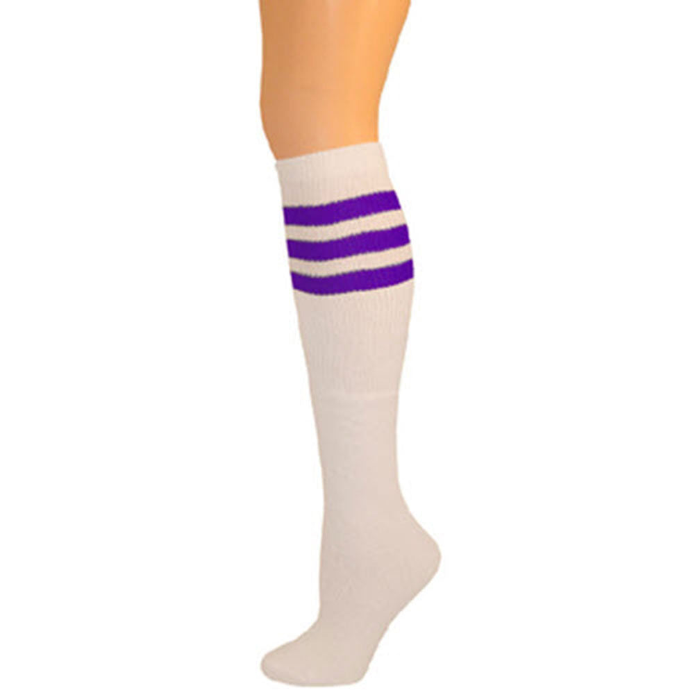 AJ's Top Striped Socks - White w/ Purple (22")