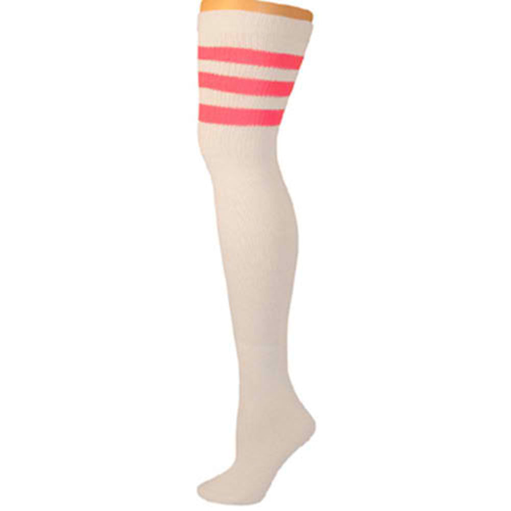 AJ's Top Striped Socks - White w/ Neon Pink (33")