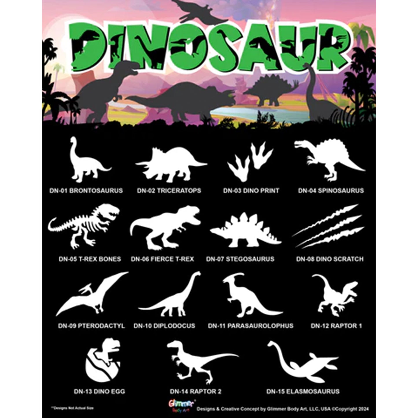 GBA Glimmer Tattoo Stencil Set with Poster - Dinosaur (75 pcs)